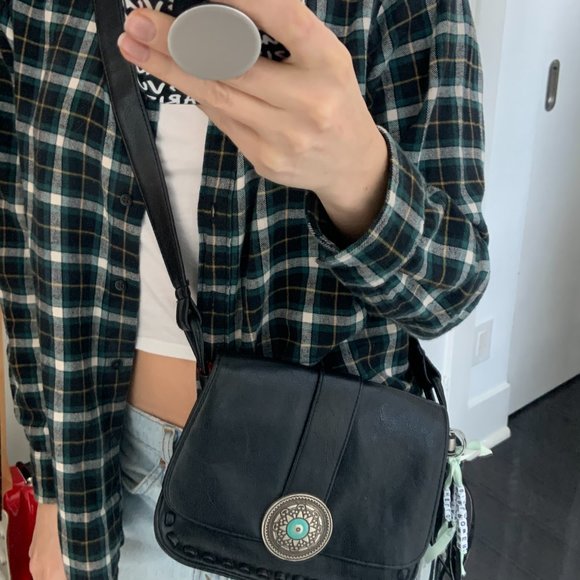 Black Faux Leather Cross Body Purse with Silver and Teal Boho Front with Fringe - Picture 2 of 6